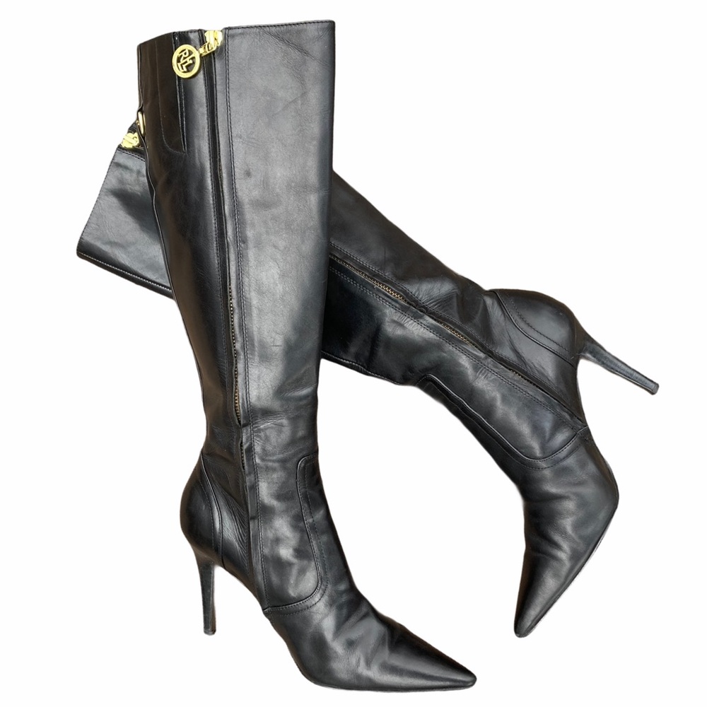 LRL Tall Black Leather Heel Boots Gold Detail 7